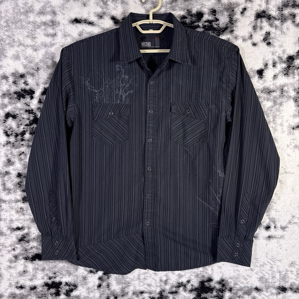 Micros y2k Snap Shirt Mens Size Large Black Striped Skater Grunge Punk